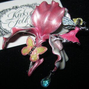 VINTAGE KIRKS FOLLY RARE ORCHID/IRIS BROOCH W/TINY FAIRY PINK AND SILVERTONE